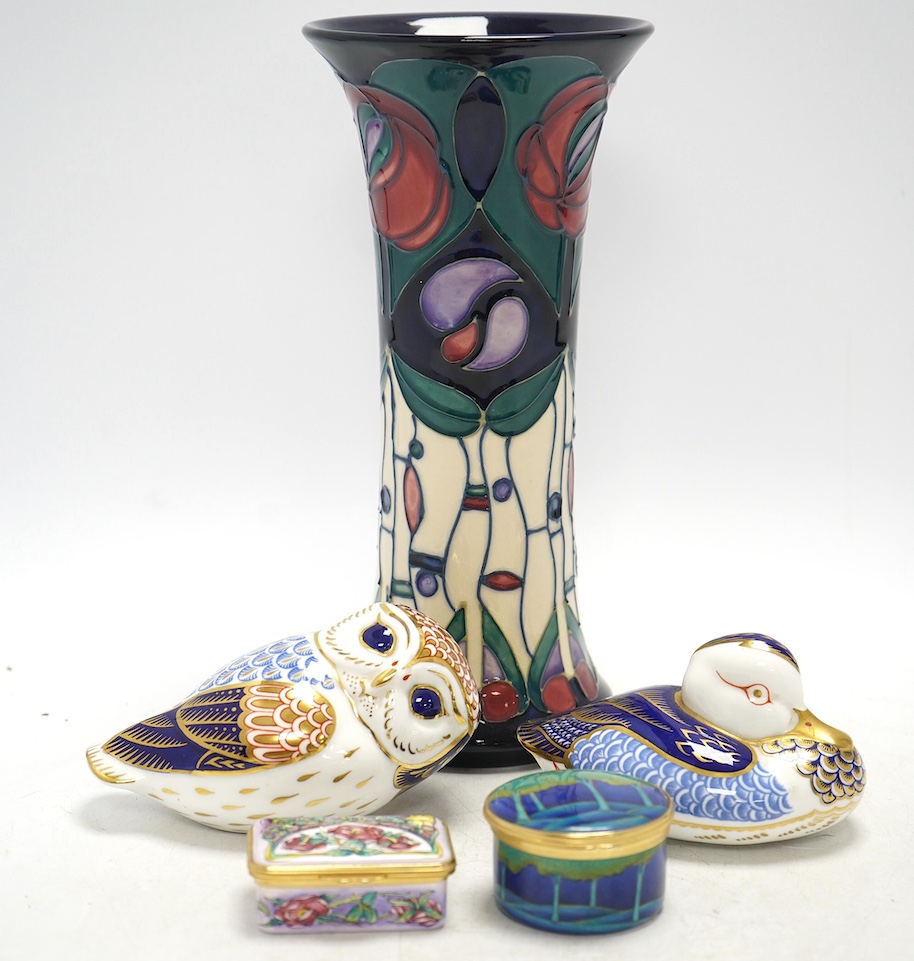 A Moorcroft vase, two Moorcroft design enamel boxes and two Crown Derby birds, vase 25cm. Condition - good